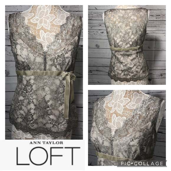 Ann Taylor Loft silver lace V neck scalloped top sleevless, cami attached size 8 - Picture 12 of 12